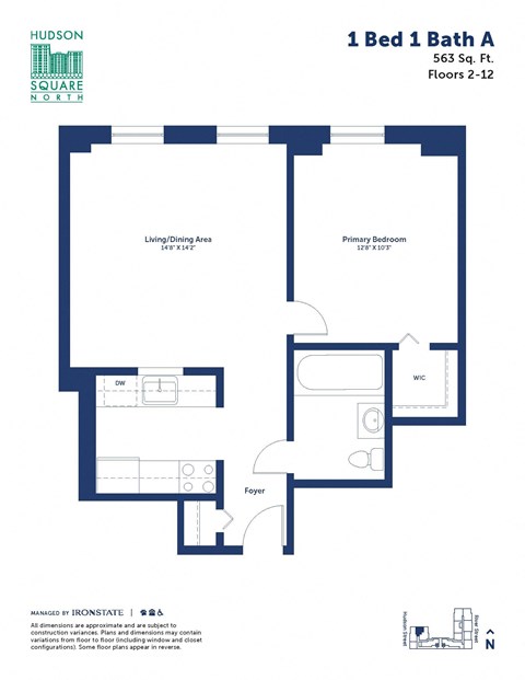 this image shows a floor plan of a 1 bed 1 bath floor plan